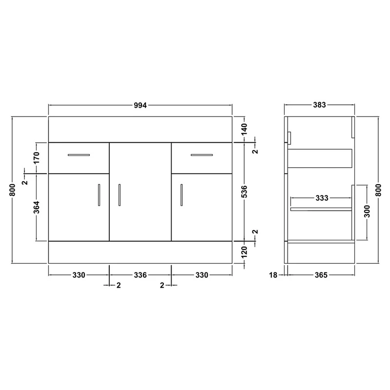 Nuie Eden 1010 x 390mm Floor Standing Vanity Unit With 3 Doors, 2 Drawers & Ceramic Basin - Gloss White