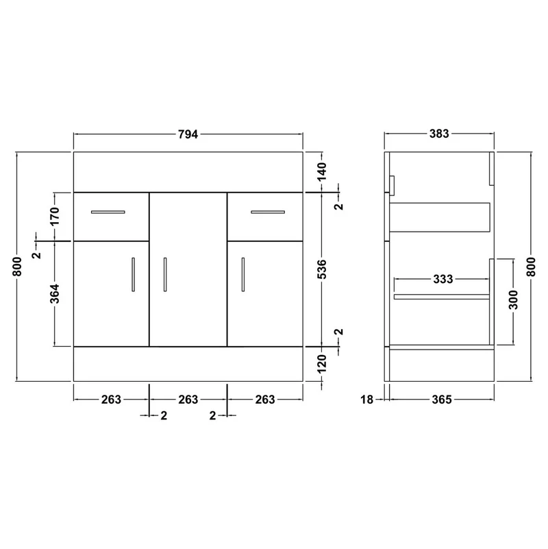Nuie Eden 810 x 390mm Floor Standing Vanity Unit With 3 Doors, 2 Drawers & Ceramic Basin - Gloss White