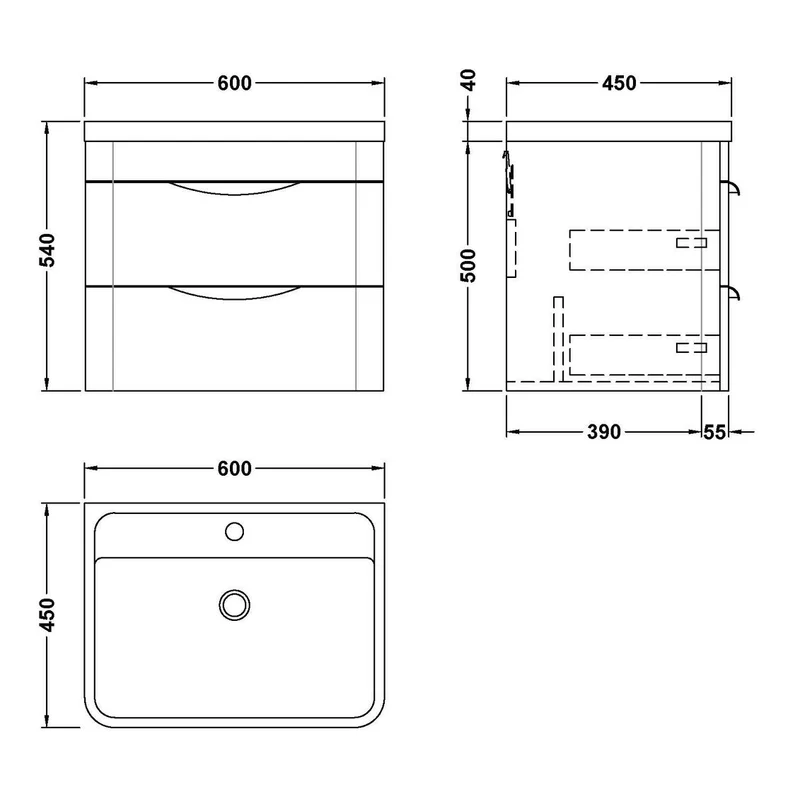 Nuie Parade 600 x 450mm Wall Hung Vanity Unit With 2 Drawers & Basin