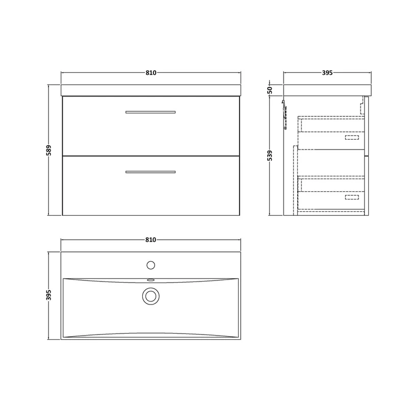 Nuie Arno 800mm Wall Hung 2-drawer Vanity & Basin 3 Contemporary Bleached Oak 590x810x395mm