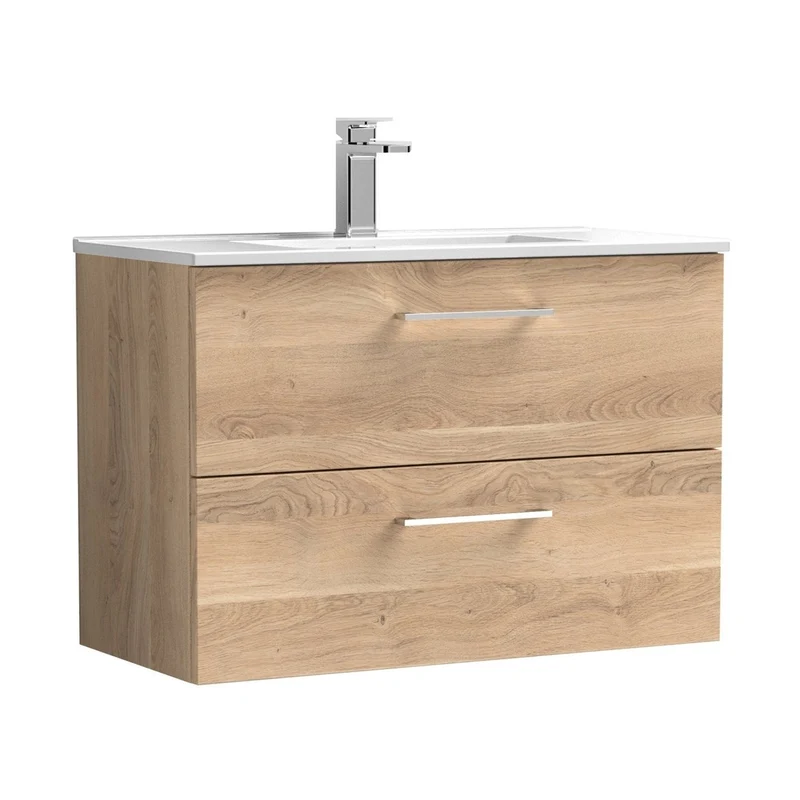 Nuie Arno 800mm Wall Hung 2-drawer Vanity & Basin 2 Contemporary Bleached Oak 558x800x390mm