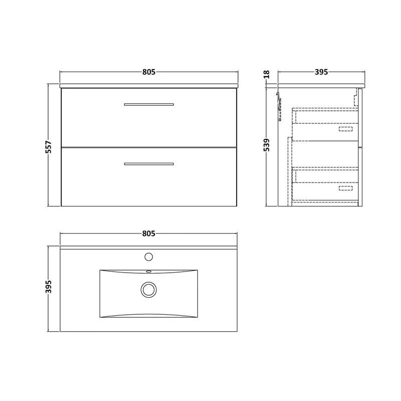 Nuie Arno 800mm Wall Hung 2-drawer Vanity & Basin 2 Contemporary Bleached Oak 558x800x390mm