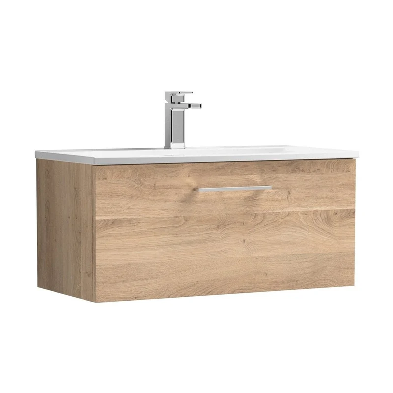 Nuie Arno 800mm Wall Hung 1-drawer Vanity & Basin 4 Contemporary Bleached Oak MFC Textured Woodgrain 389x810x440mm