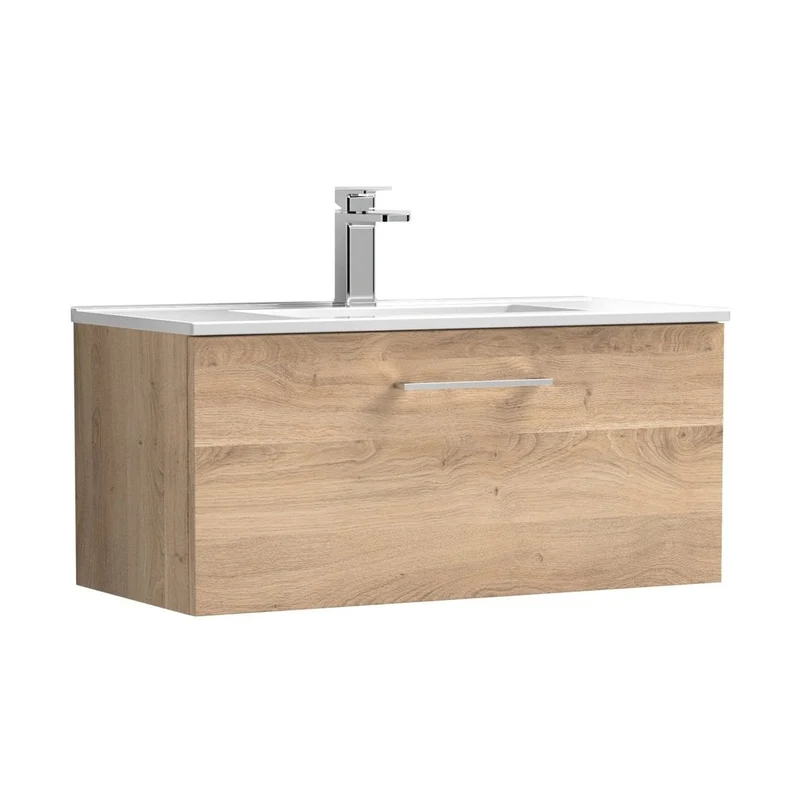 Nuie Arno 800mm Wall Hung 1-drawer Vanity & Basin 2 Contemporary Bleached Oak MFC Textured Woodgrain 377x800x390mm