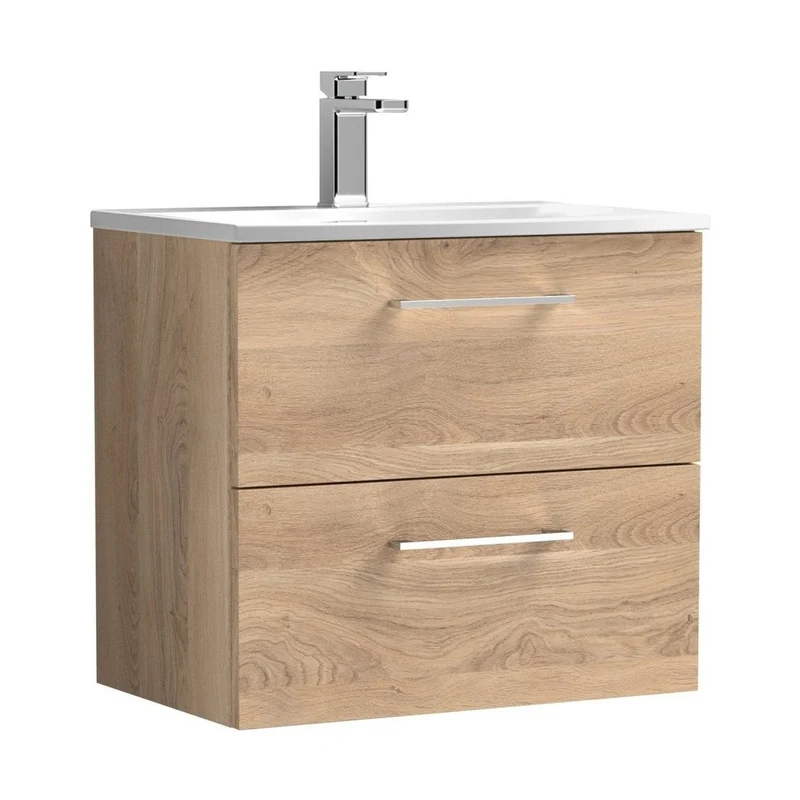 Nuie Arno 600mm Wall Hung 2-drawer Vanity & Basin 4 Contemporary Bleached Oak MFC Textured Woodgrain 570x610x440mm
