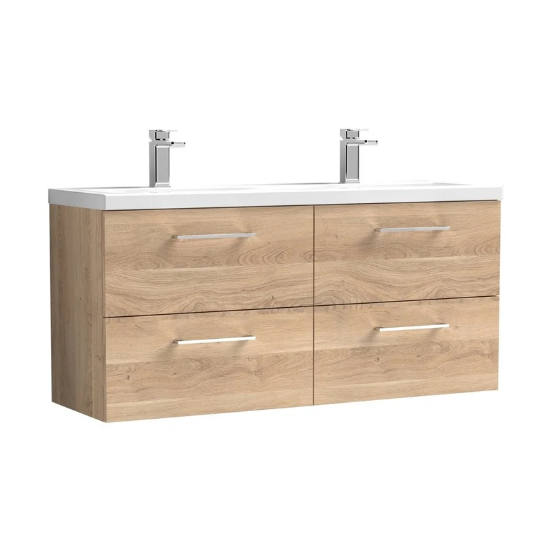 Nuie Arno 1200mm Wall Hung 4-drawer Vanity & Double Basin Contemporary Bleached Oak MFC Textured Woodgrain 580x1205x383mm - ARN3024F