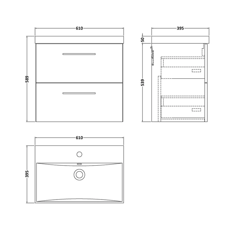 Nuie Arno 600mm Wall Hung 2-drawer Vanity & Basin 3 Contemporary Bleached Oak MFC Textured Woodgrain 590x610x395mm