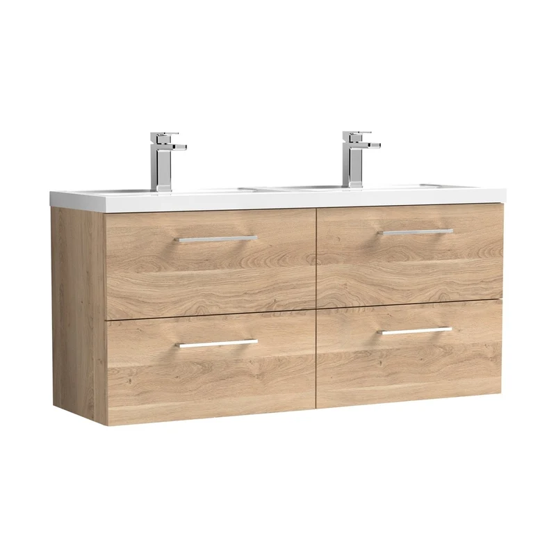 Nuie Arno 1200mm Wall Hung 4-drawer Vanity & Double Basin Contemporary Bleached Oak MFC Textured Woodgrain 580x1205x383mm - ARN3024C