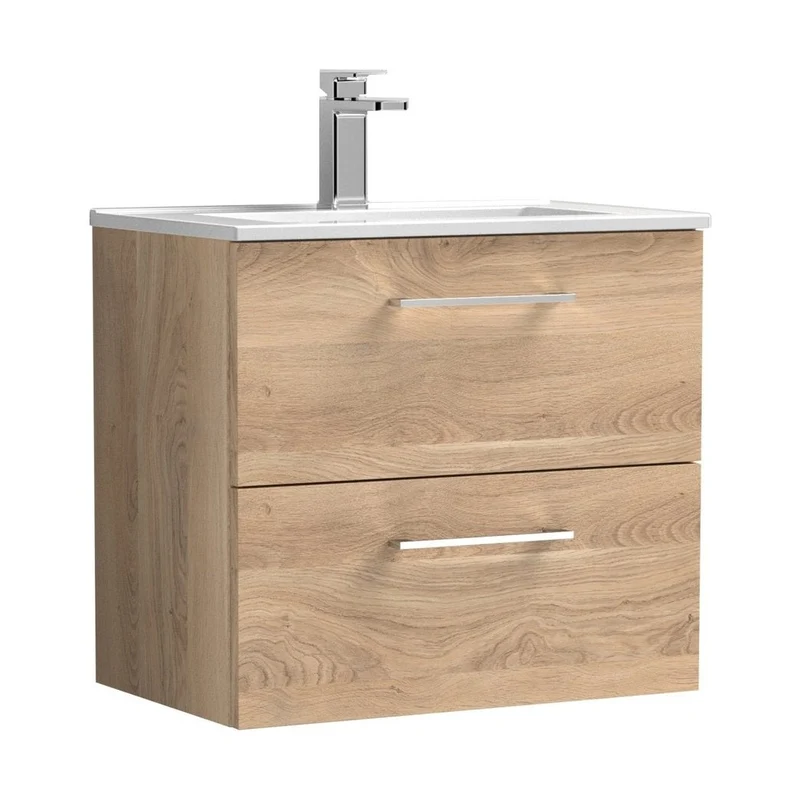 Nuie Arno 600mm Wall Hung 2-drawer Vanity & Basin 2 Contemporary Bleached Oak MFC Textured Woodgrain 558x600x390mm