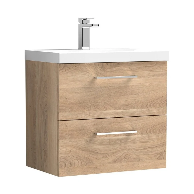 Nuie Arno 600mm Wall Hung 2-drawer Vanity & Basin 1 Contemporary Bleached Oak MFC Textured Woodgrain 580x610x390mm