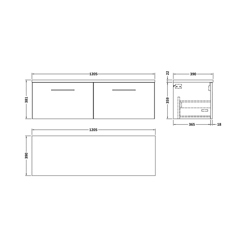 Nuie Arno 1200mm Wall Hung 2-drawer Vanity & Laminate Worktop Contemporary Midnight Blue MFC Painted Matt 381x1205x390mm - ARN2922LBG2