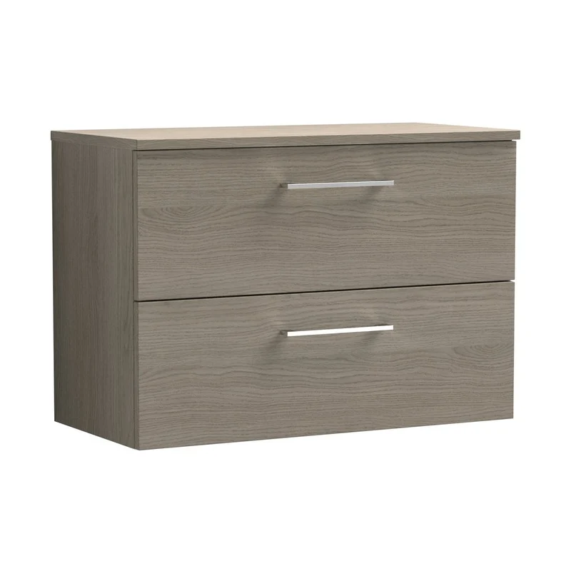 Nuie Arno 800mm Wall Hung 2 Drawer Vanity & Worktop Contemporary Solace Oak MFC Textured Woodgrain 539x805x390mm