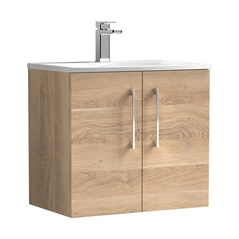 Nuie Arno 600mm Wall Hung 2-door Vanity & Basin 4 Contemporary Bleached Oak MFC Textured Woodgrain 570x610x440mm