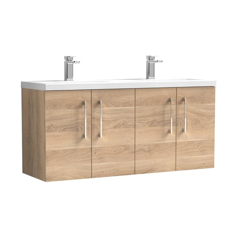 Nuie Arno 1200mm Wall Hung 4-door Vanity & Double Basin Contemporary Bleached Oak MFC Textured Woodgrain 580x1205x383mm - ARN3023F
