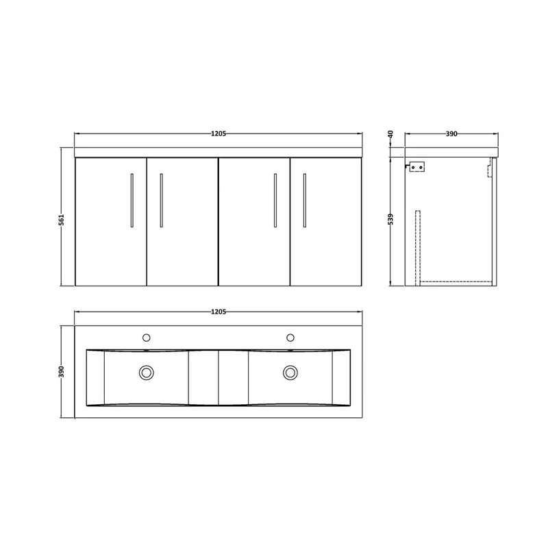 Nuie Arno 1200mm Wall Hung 4-door Vanity & Double Basin Contemporary Bleached Oak MFC Textured Woodgrain 580x1205x383mm - ARN3023F