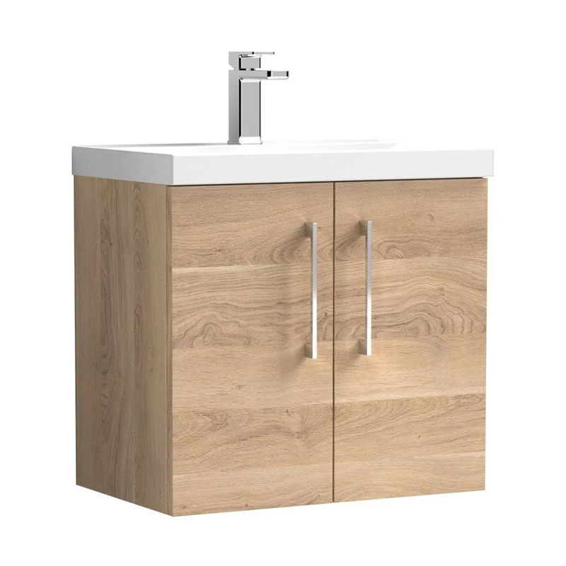 Nuie Arno 600mm Wall Hung 2-door Vanity & Basin 3 Contemporary Bleached Oak MFC Textured Woodgrain 590x610x395mm