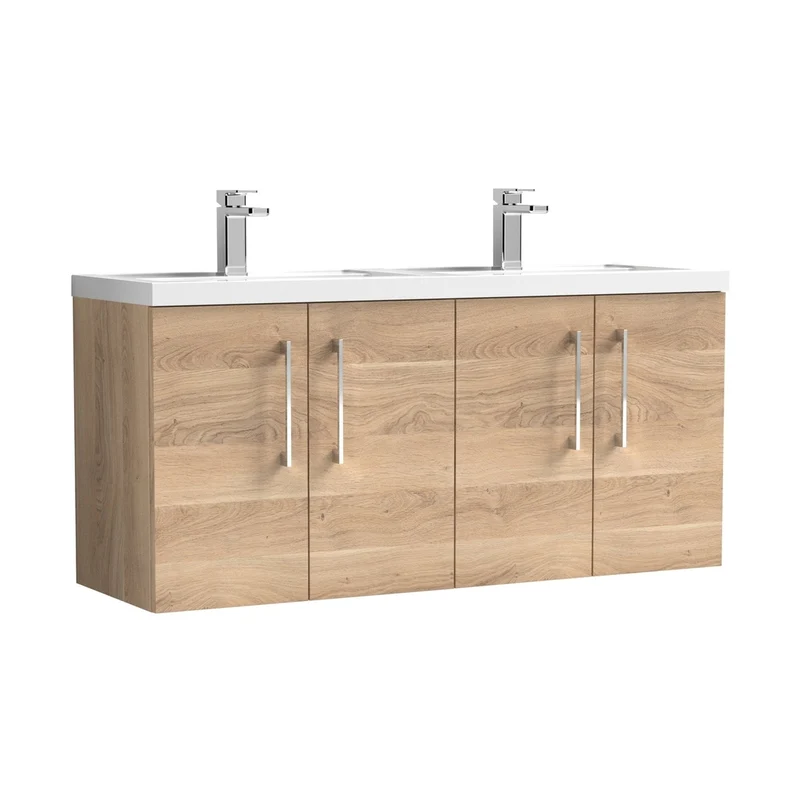 Nuie Arno 1200mm Wall Hung 4-door Vanity & Double Basin Contemporary Bleached Oak MFC Textured Woodgrain 580x1205x383mm - ARN3023C