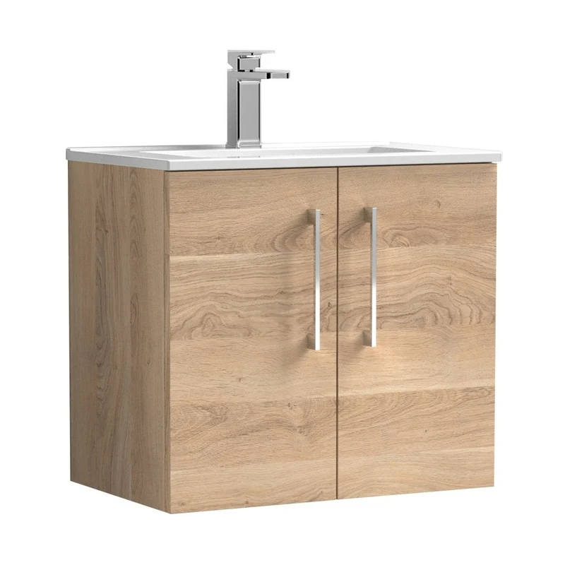 Nuie Arno 600mm Wall Hung 2-door Vanity & Basin 2 Contemporary Bleached Oak MFC Textured Woodgrain 558x600x390mm