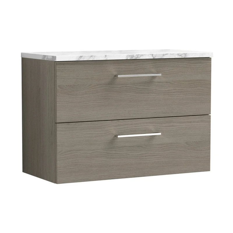 Nuie Arno 800mm Wall Hung 2-drawer Vanity & Laminate Worktop Contemporary Solace Oak MFC Textured Woodgrain 561x805x390mm