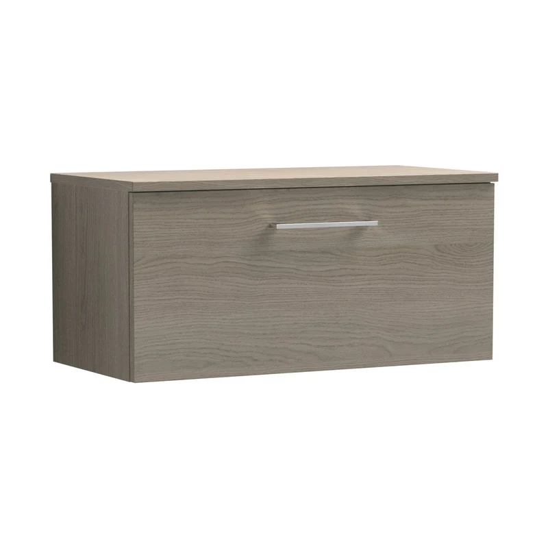 Nuie Arno 800mm Wall Hung 1 Drawer Vanity & Worktop Contemporary Solace Oak MFC Textured Woodgrain 377x805x390mm