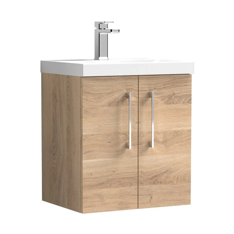 Nuie Arno 500mm Wall Hung 2-door Vanity & Basin 3 Contemporary Bleached Oak MFC Textured Woodgrain 590x510x395mm