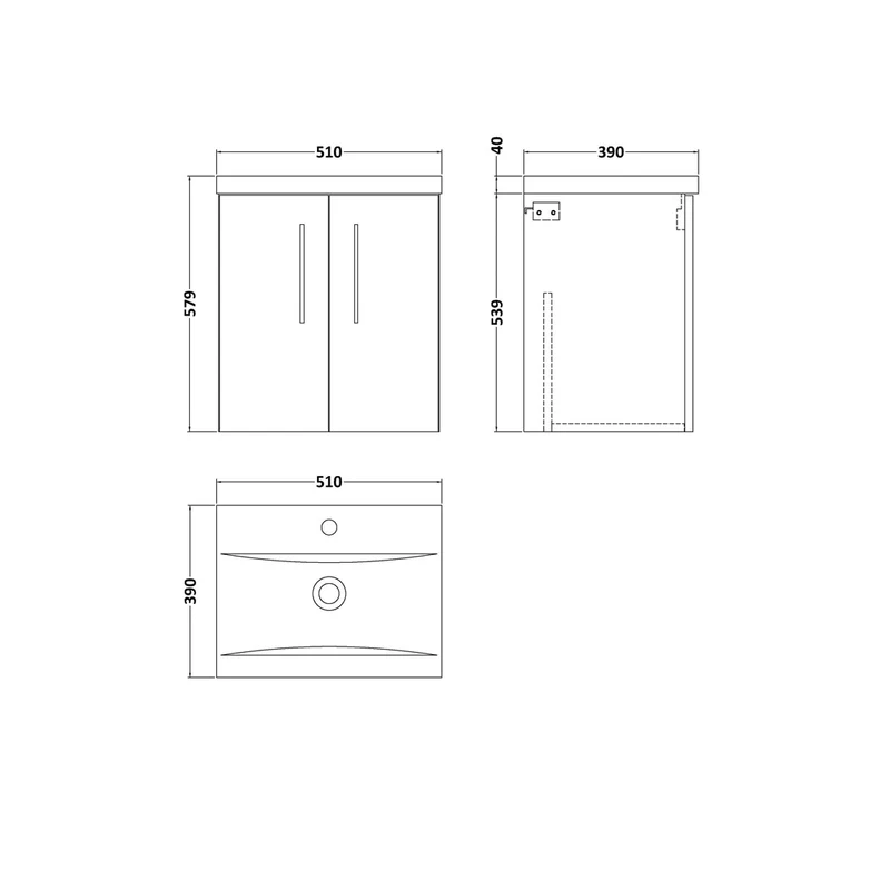 Nuie Arno 500mm Wall Hung 2-door Vanity & Basin 1 Contemporary Bleached Oak MFC Textured Woodgrain 580x510x390mm