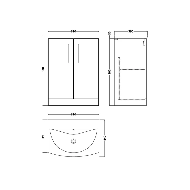 Nuie Arno 600mm Floor Standing 2-door Vanity & Basin 4 Contemporary Bleached Oak MFC 830x610x440mm