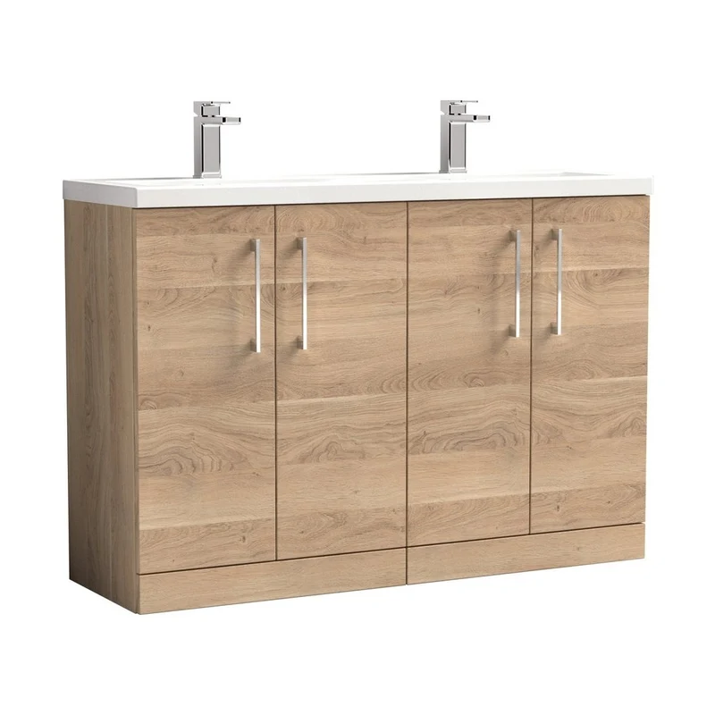 Nuie Arno 1200mm Floor Standing 4-door Vanity & Double Basin Contemporary Bleached Oak MFC Textured Woodgrain 840x1205x383mm - ARN3003F