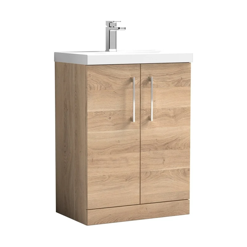 Nuie Arno 600mm Floor Standing 2-door Vanity & Basin 3 Contemporary Bleached Oak MFC 850x610x395mm