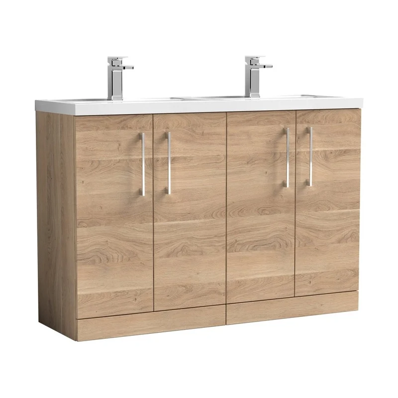 Nuie Arno 1200mm Floor Standing 4-door Vanity & Double Basin Contemporary Bleached Oak MFC Textured Woodgrain 840x1205x383mm - ARN3003C