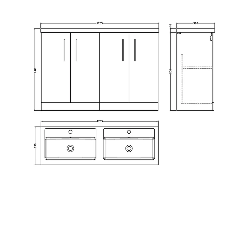 Nuie Arno 1200mm Floor Standing 4-door Vanity & Double Basin Contemporary Bleached Oak MFC Textured Woodgrain 840x1205x383mm - ARN3003C