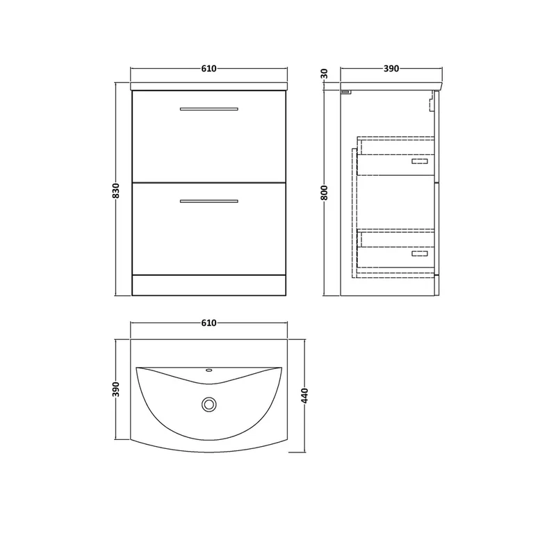 Nuie Arno 600mm Floor Standing 2-drawer Vanity & Basin 4 Contemporary Midnight Blue MFC 830x610x440mm