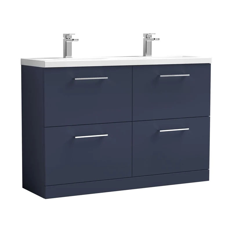 Nuie Arno 1200mm Floor Standing 4-drawer Vanity & Double Basin Contemporary Midnight Blue MFC Painted Matt 840x1205x383mm - ARN2933F