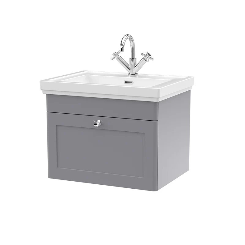 Nuie Classique 600mm Traditional Wall Hung Vanity Unit & Ceramic Basin - Satin Grey