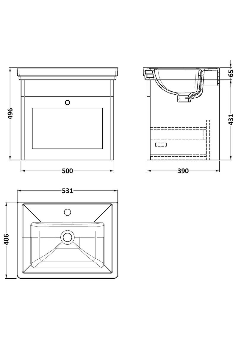Nuie Classique 500mm Satin White Traditional Wall Hung 1-Drawer Unit & Basin 1 Tap Hole