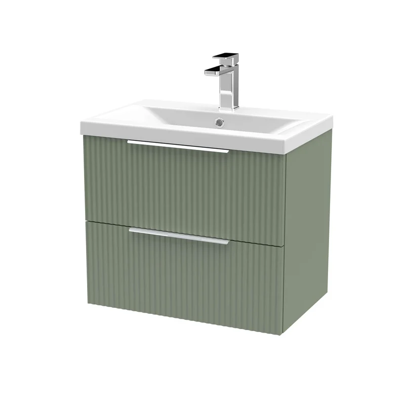 Hudson Reed Fluted 600mm Wall Hung 2 Drawer Vanity Unit & Basin - Satin Green