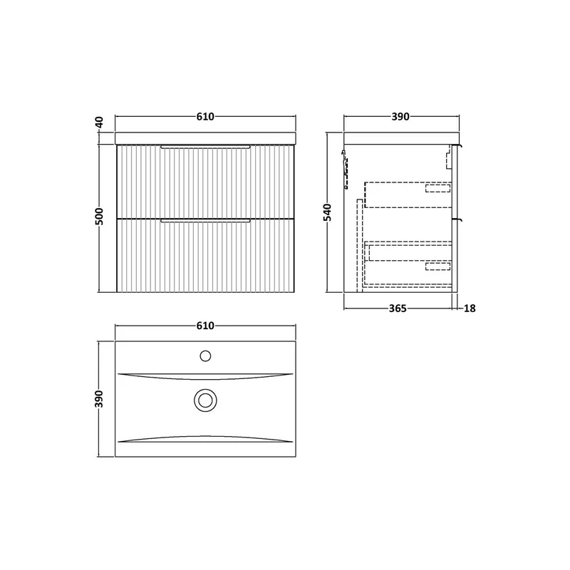 Hudson Reed Fluted 600mm Wall Hung 2 Drawer Vanity Unit & Basin - Satin Green