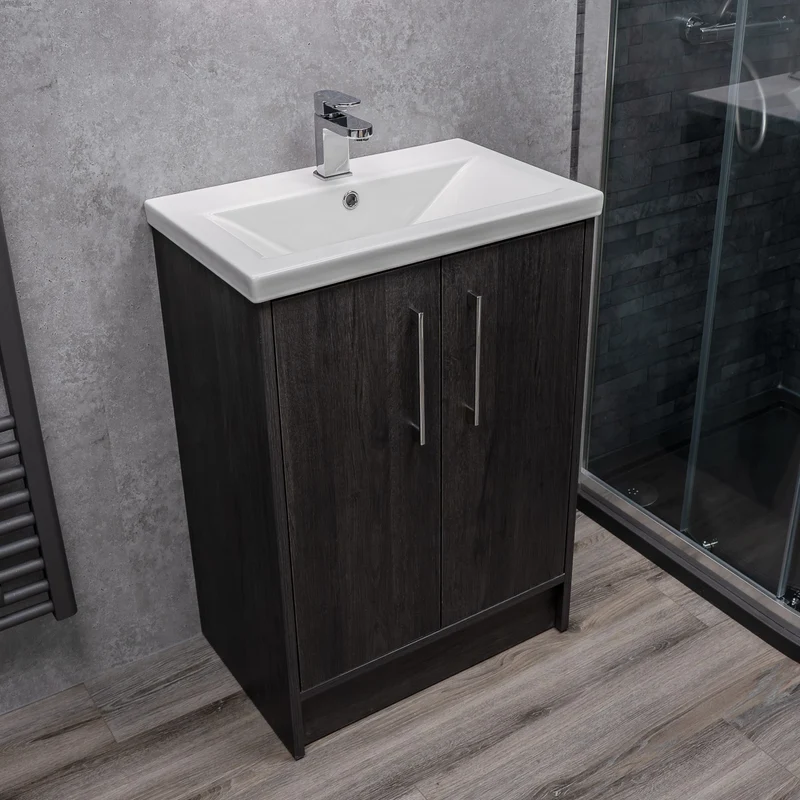Josef Martin Urbano 600mm Space Saver Floor Standing 2 Door Vanity Unit & Mid Edge Inset Basin - Roble Azabache