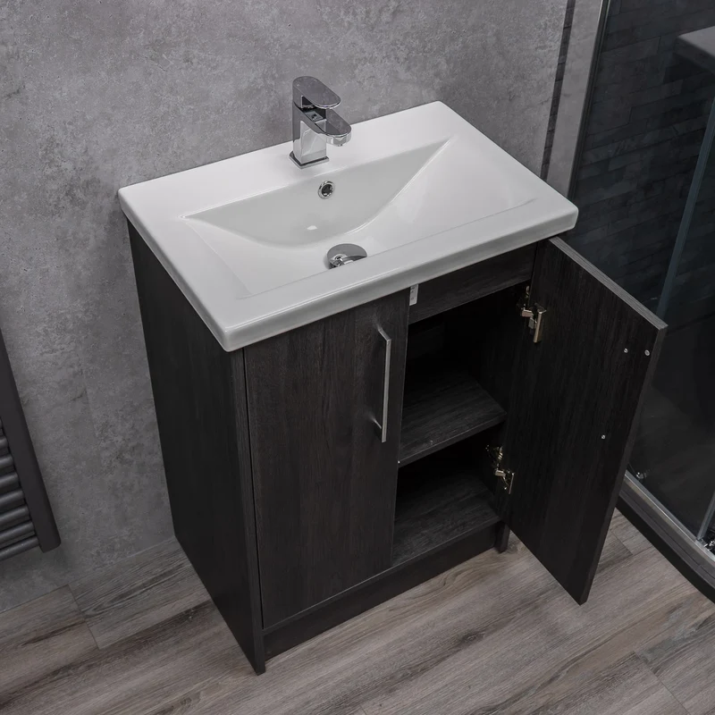 Josef Martin Urbano 600mm Space Saver Floor Standing 2 Door Vanity Unit & Mid Edge Inset Basin - Roble Azabache