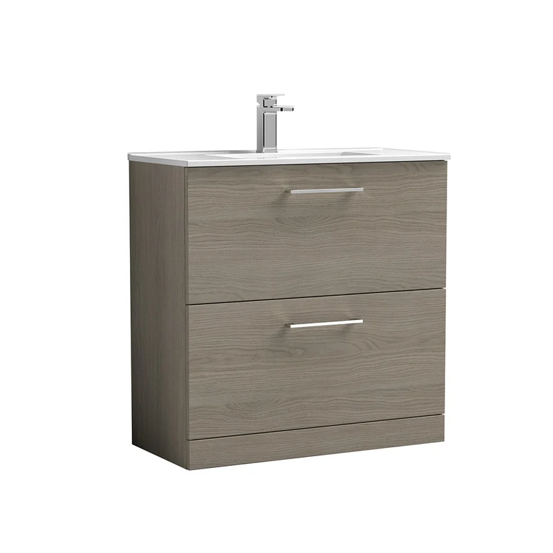Nuie Arno 800mm Floor Standing Double Drawer Vanity Unit & Minimalist Basin - Solace Oak