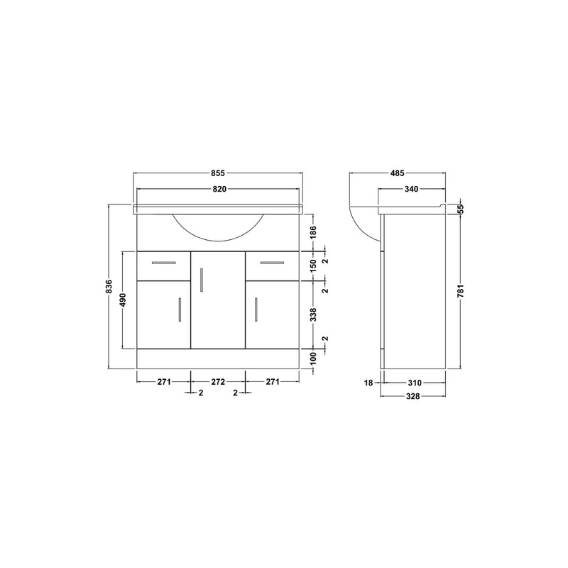 Nuie Mayford 850mm Floor Standing Vanity Unit & Basin - Gloss White