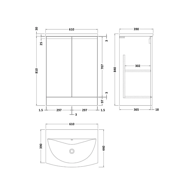 Hudson Reed Urban 600mm Floor Standing Vanity Unit & Curved Basin - Satin White URB108G