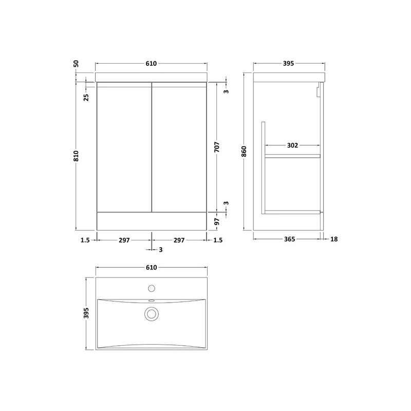 Hudson Reed Urban 600mm Floor Standing Vanity Unit & Thin-Edged Basin - Satin White URB108D