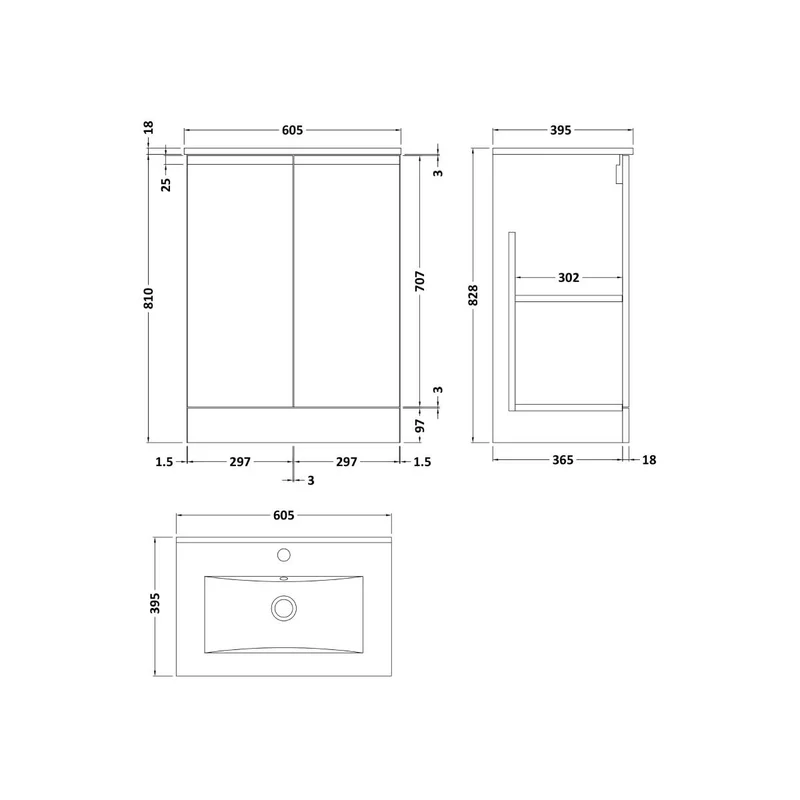 Hudson Reed Urban 600mm Floor Standing Vanity Unit & Minimialist Basin - Satin White URB108B