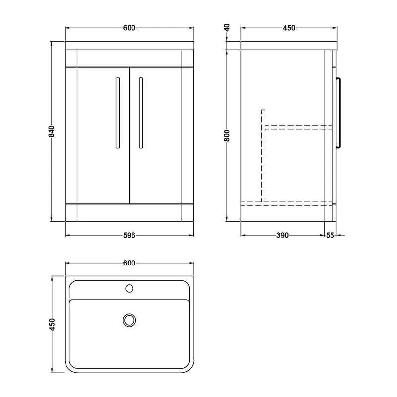 Nuie Parade 600 x 450mm Floor Standing Vanity Unit With 2 Doors & Basin