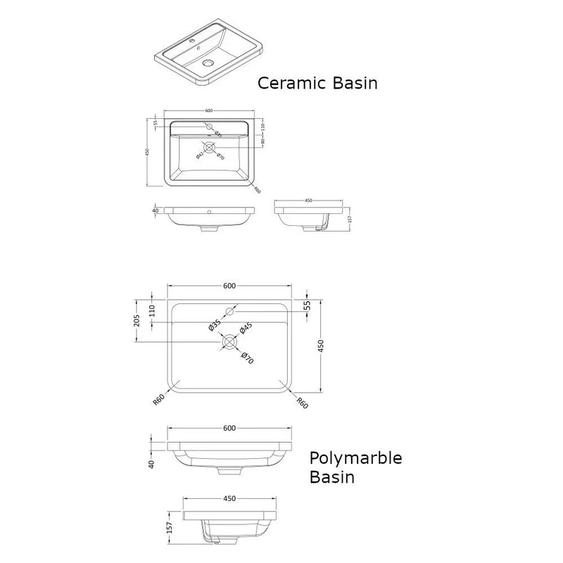Nuie Lunar 600 x 445mm Floor Standing Vanity Unit With 2 Drawers & Basin