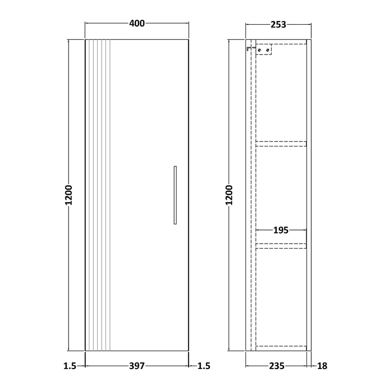 Nuie Deco 1200 x 400 x 253mm Wall Hung Tall Unit With 1 Door