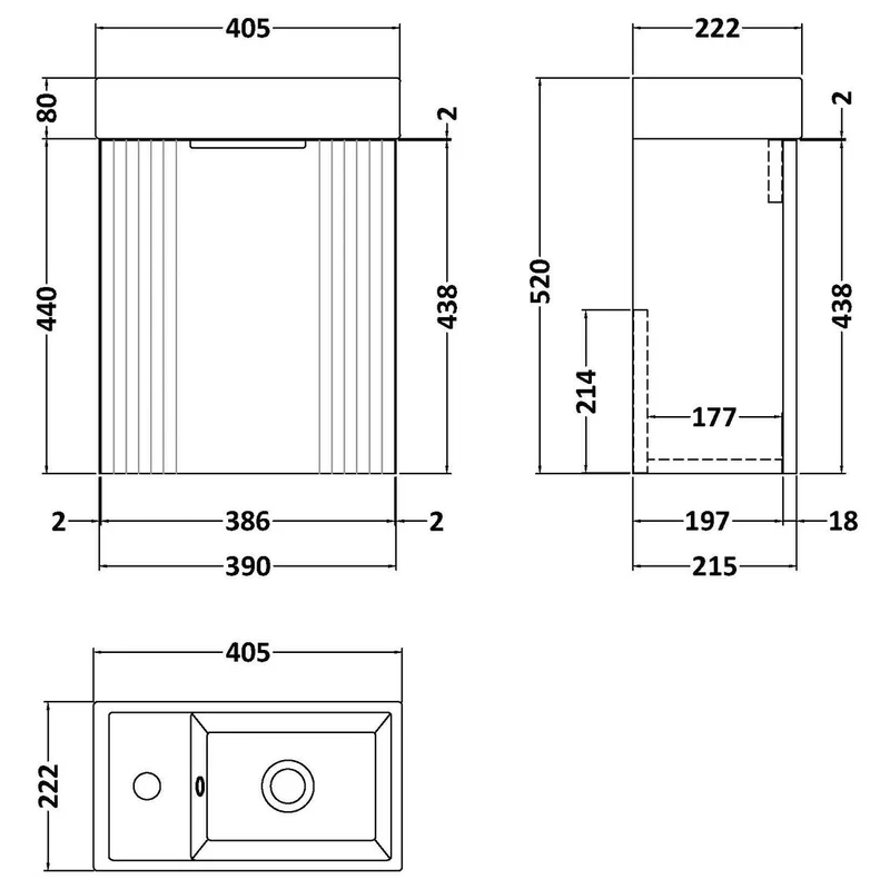Nuie Deco Compact 400 x 222mm Wall Hung Vanity Unit With 1 Door & Ceramic Basin