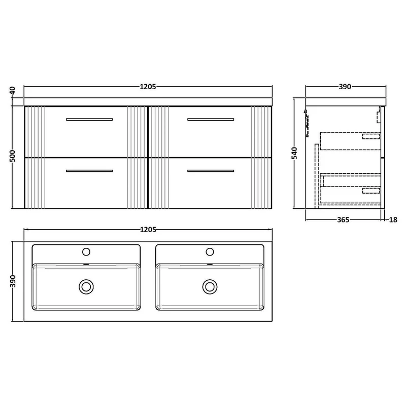 Nuie Deco 1200 x 383mm Wall Hung Vanity Unit With 4 Drawers & Twin Basin