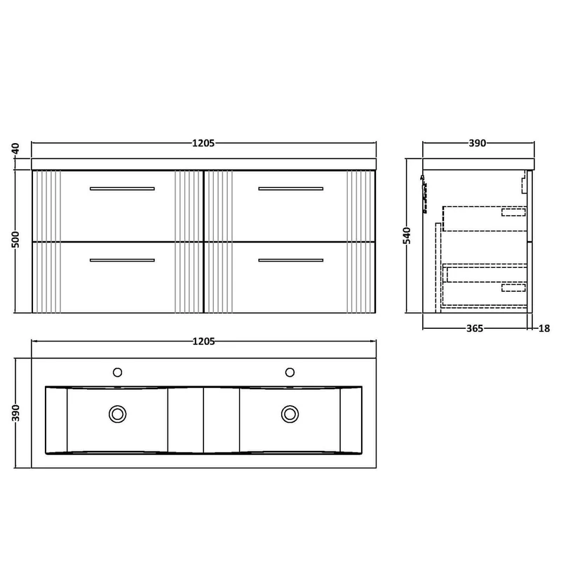 Nuie Deco 1200 x 383mm Wall Hung Vanity Unit With 4 Drawers & Twin Basin